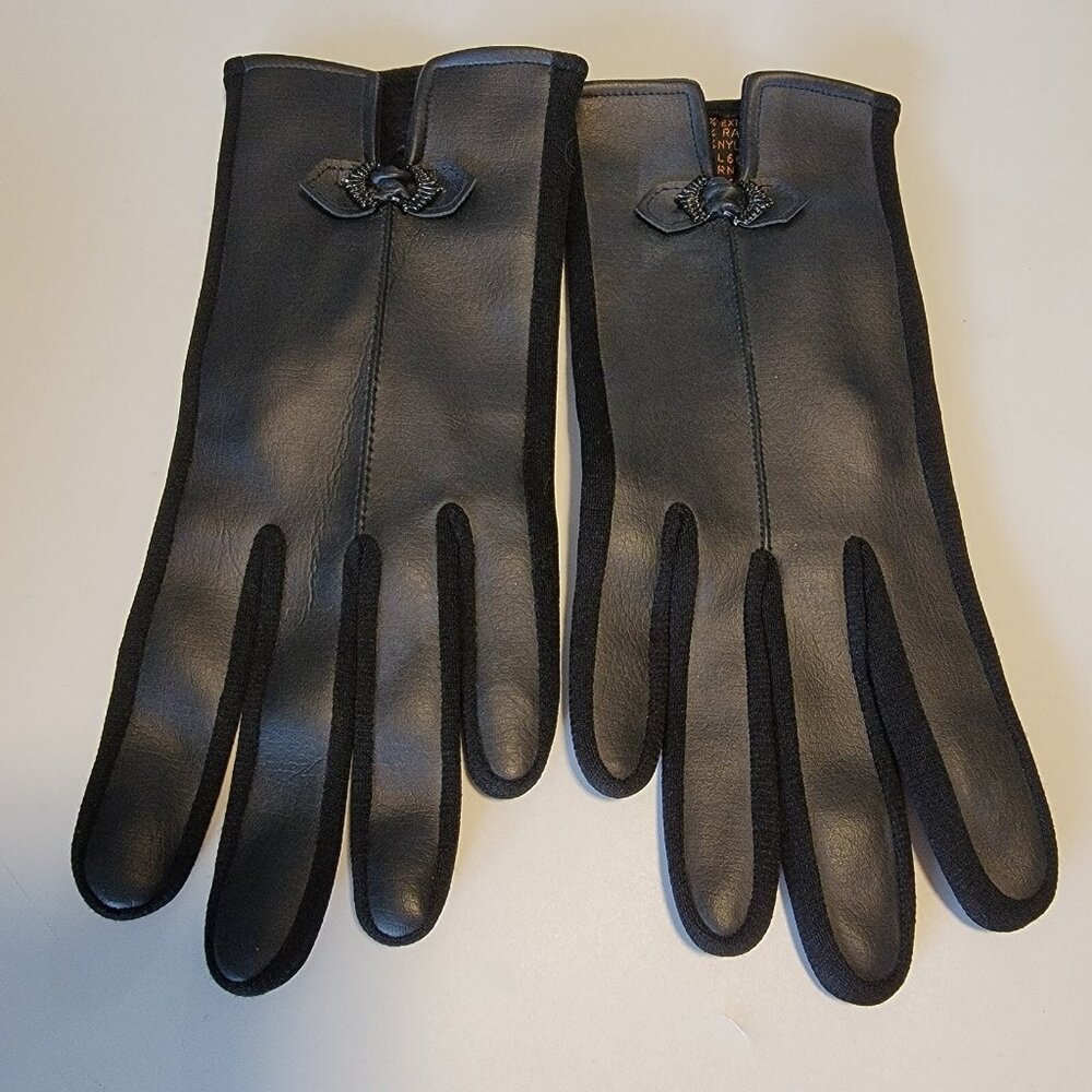 NWOT Faux Leather Gloves Expanded Vinyl Black Sz L‎ Bow Classic 66-67 Japan